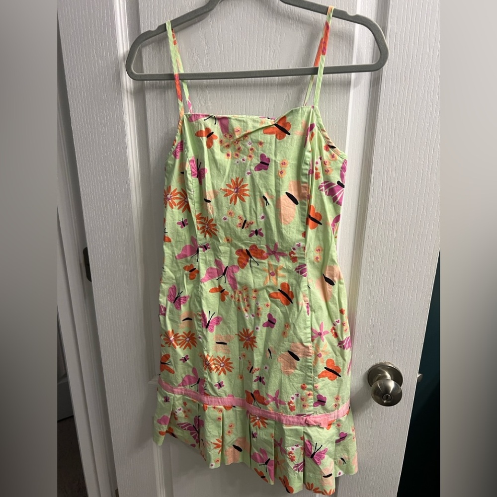 Lilly Pulitzer White Label Butterfly Dress with Pink and Green Accents.